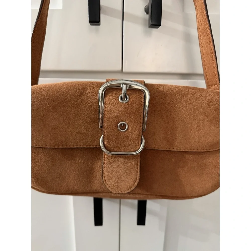 Faux Leather Suede Hobo Cognac Brown Bag Purse Tote Silver Hardware Festival